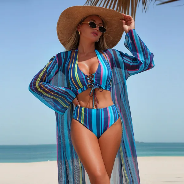 Striped Three-Piece Bikini and Cover-Up Set