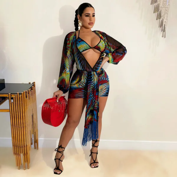 Azure Printed Three-Piece Bikini and Cover-Up Set