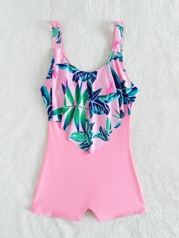 Tropical Print Colorblock One-Piece Swimsuit