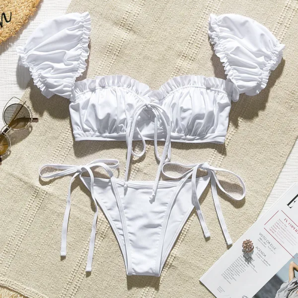 One-Shoulder Puff Sleeve Bikini Set