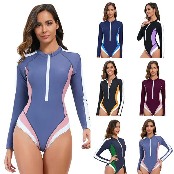 Color-Block Long-Sleeve One-Piece Swimsuit