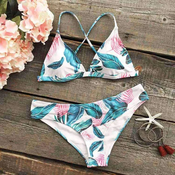 Verdant Leaf Print Lace Bikini Set