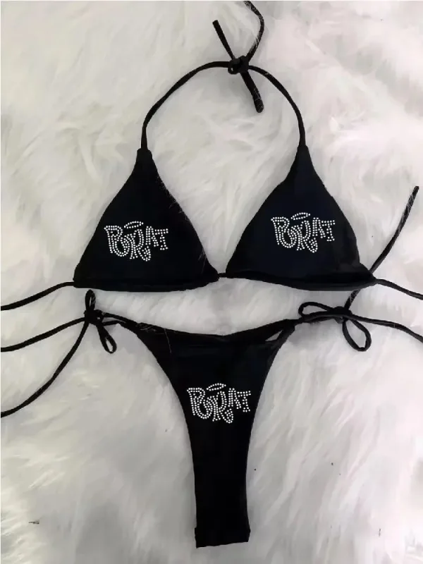 Letters Rhinestone Halter Bikini Set