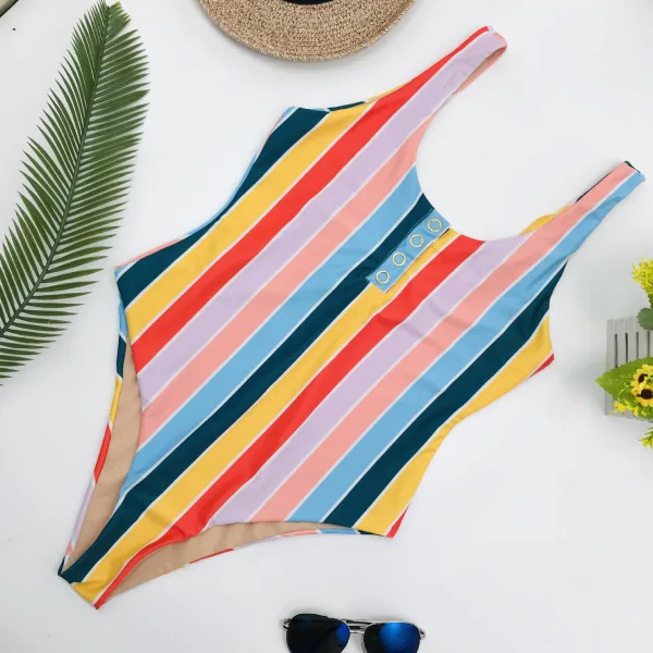 Striped Snap Button One-Piece Swimsuit