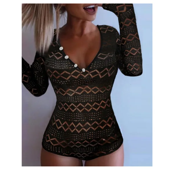 Geometric Print Long-Sleeve Deep V-Neck Swimsuit