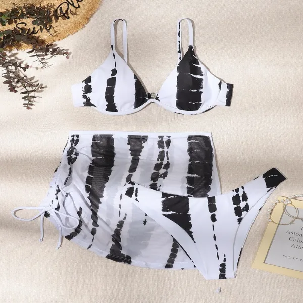 Monochrome Three-Piece Bikini and Sarong Set