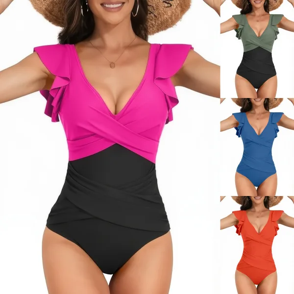 Lotus Leaf V-Neck One-Piece Swimsuit