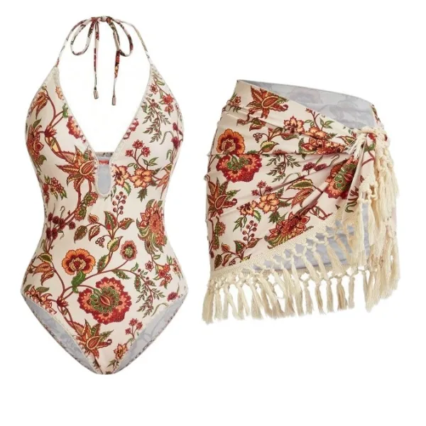 Floral Tassel One-Piece Swimsuit with Matching Skirt