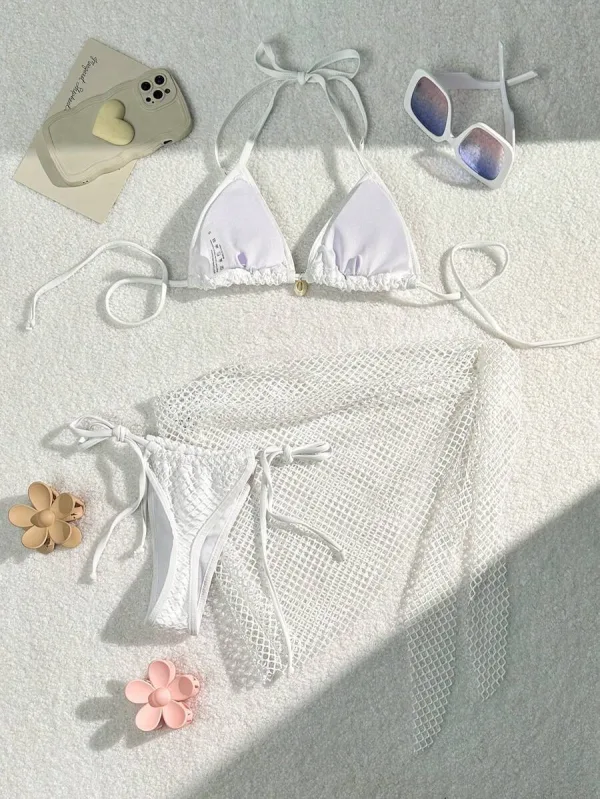Lace-Up Wrap Skirt Three-Piece Bikini Set