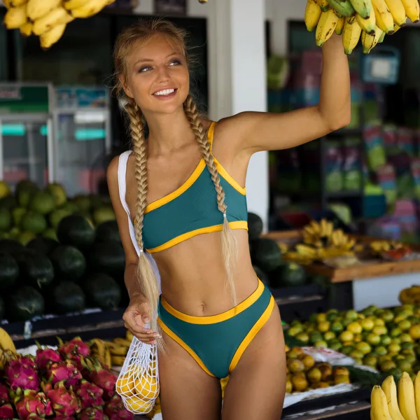 Contrast Trim One-Shoulder Bikini Set