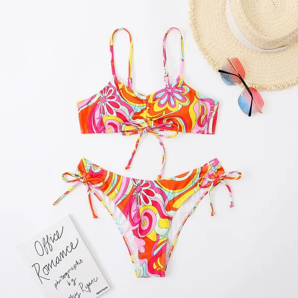 Printed Lace-Up Bikini Set