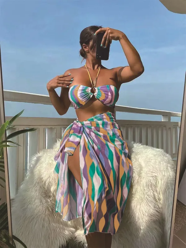 Tropic Print Three-Piece Bikini and Sarong Set