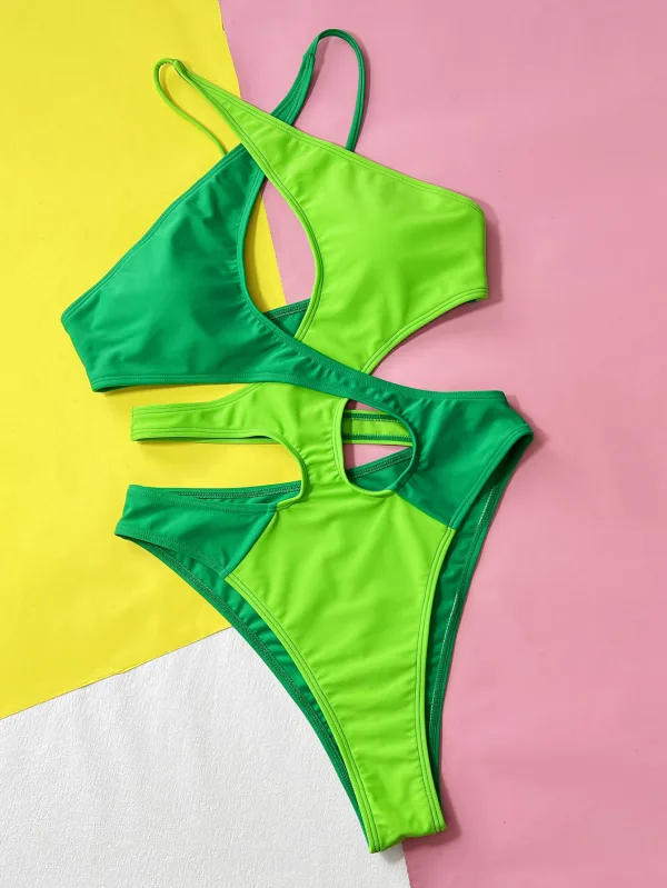 One-Piece Swimsuit with Contrast Hollow Detailing