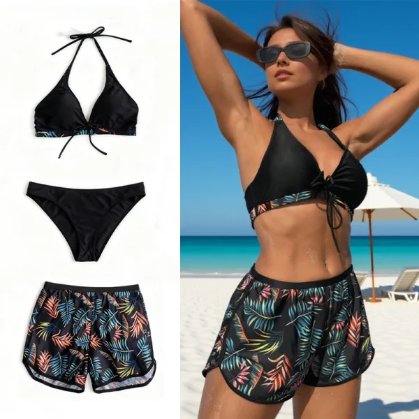 Three-Piece Printed Bikini Set with Tie Details