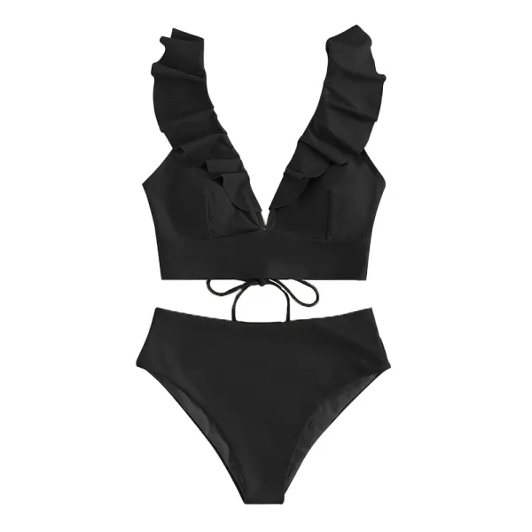 Crinkled Texture High-Waist Bikini Set
