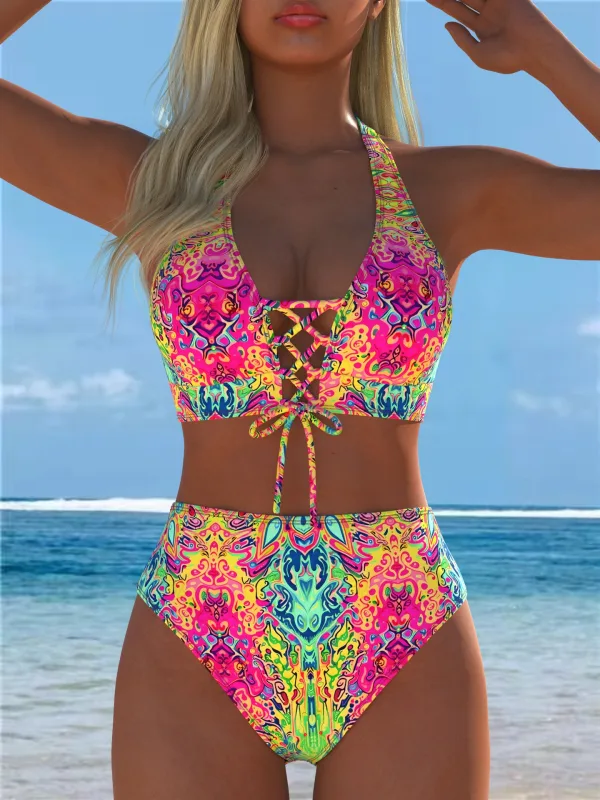 Floral Print Lace-Up Bikini Set