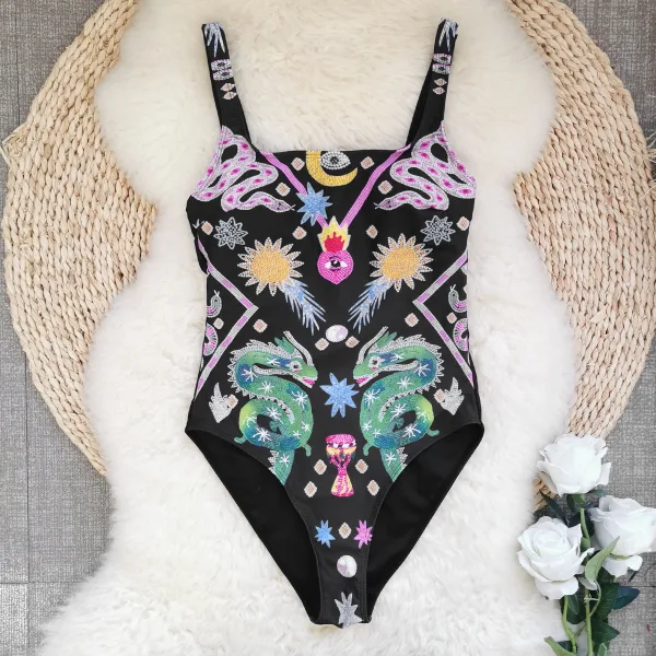 Dragon Floral Print One-Piece Swimsuit