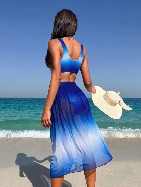 Azure Three-Piece Bikini and Sarong Set