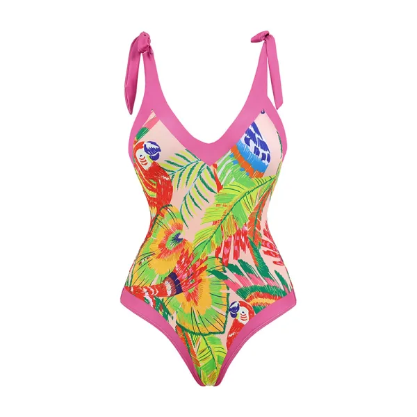 Floral V-Neck One-Piece Swimsuit with Matching Skirt