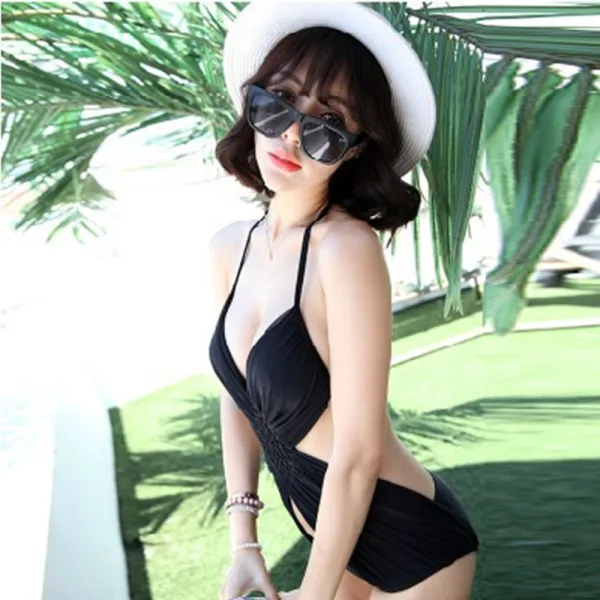 Hollow Mesh One-Piece Swimsuit with Halter Neck