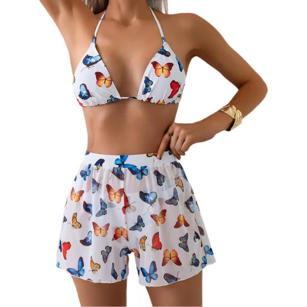 Printed Three-Piece Bikini and Short Set
