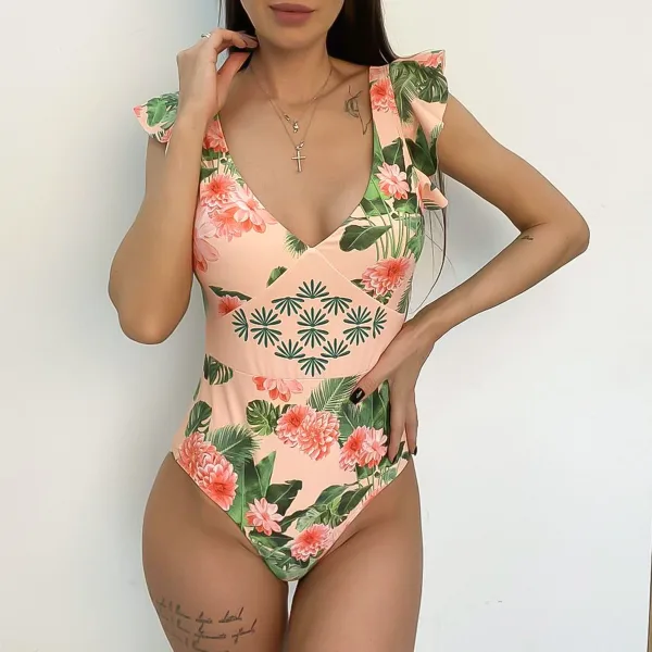 Deep V-Neck One-Piece Swimsuit in Pink