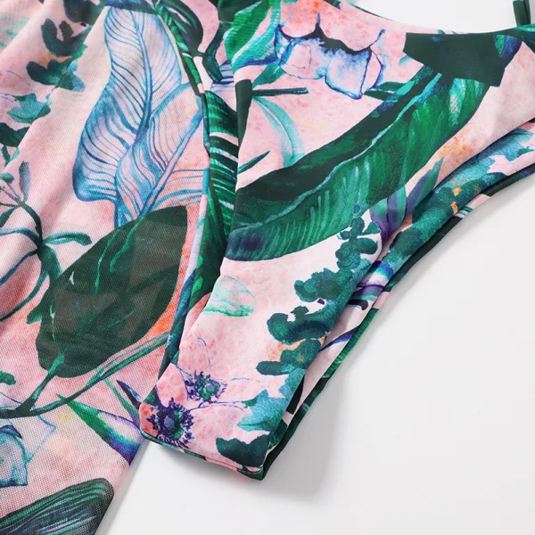 Verdant Print Three-Piece Mesh Bikini Set