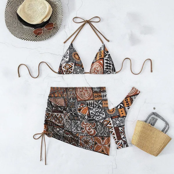 Plaid Three-Piece Bikini Set with Matching Skirt