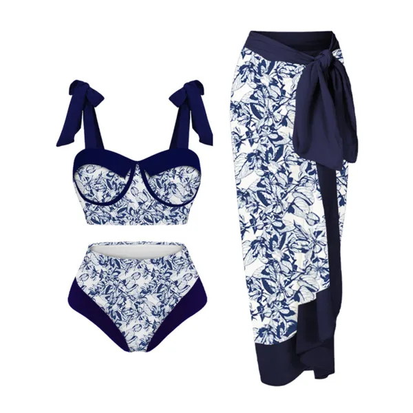 Three-Piece Printed Bikini and Skirt Ensemble