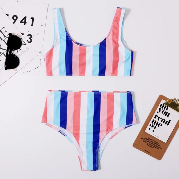 Striped High-Waist Halter Bikini