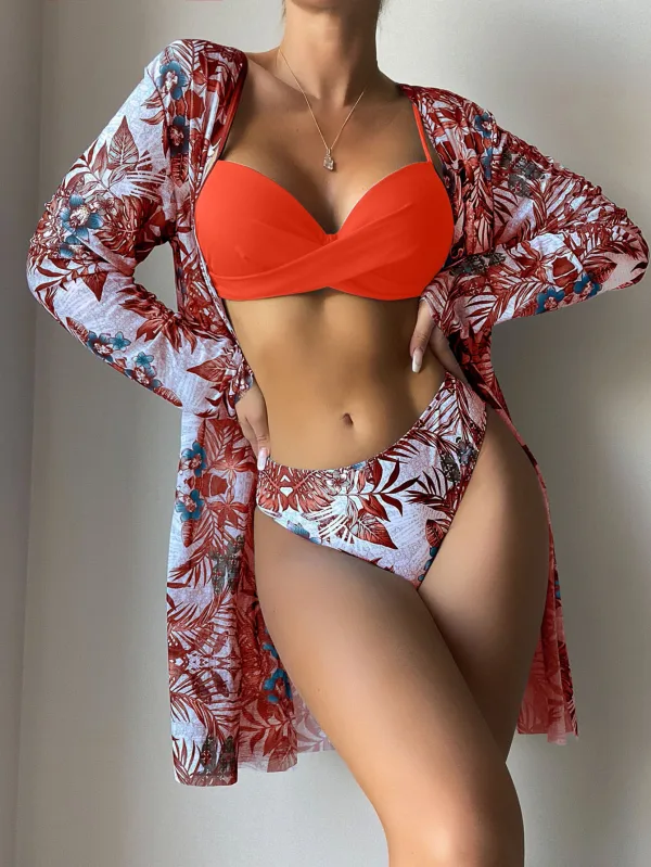 Mesh Overlay Three-Piece Bikini Set