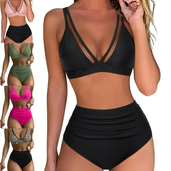 V-Neck Mesh Patchwork Bikini Set with Ruched Detailing
