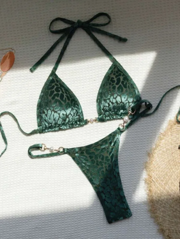 Pearl Accent Leopard Print Bikini Set