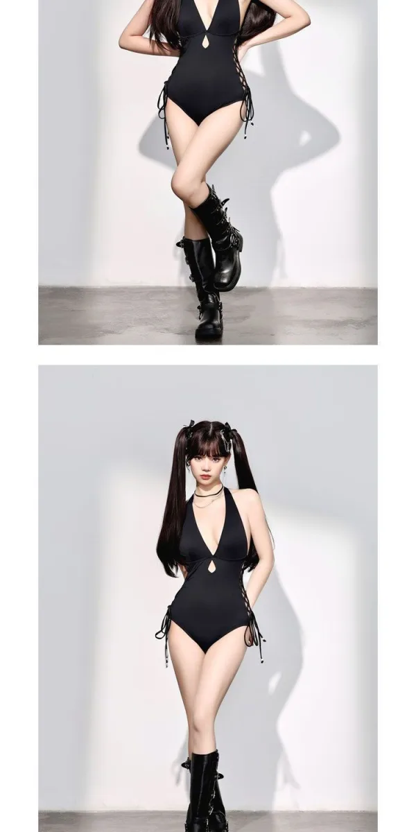 V-Neck Hollow Strap One-Piece Swimsuit