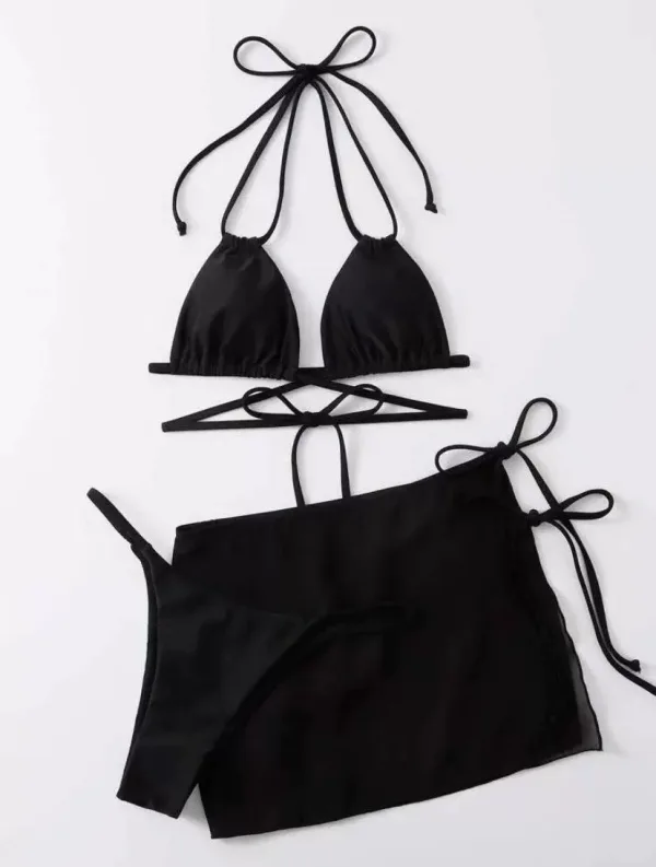 Minimalist Three-Piece Bikini and Sarong Set