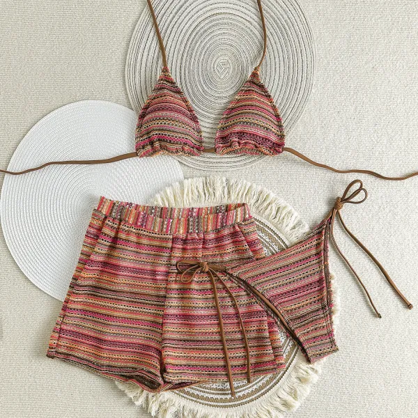 Knitted Contrast Three-Piece Bikini Set