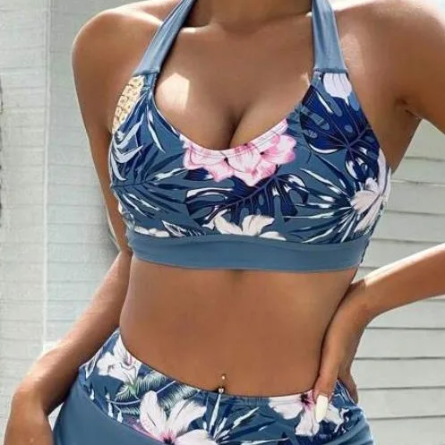 Azure Lace-Up Bikini and Skirt Three-Piece Set