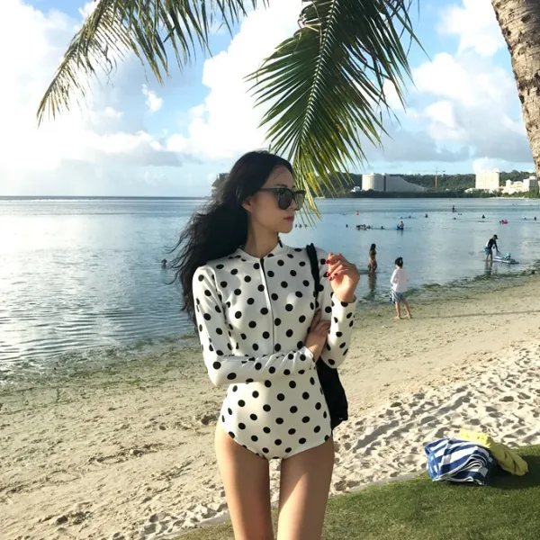 Polka Dot Long-Sleeve One-Piece Swimsuit