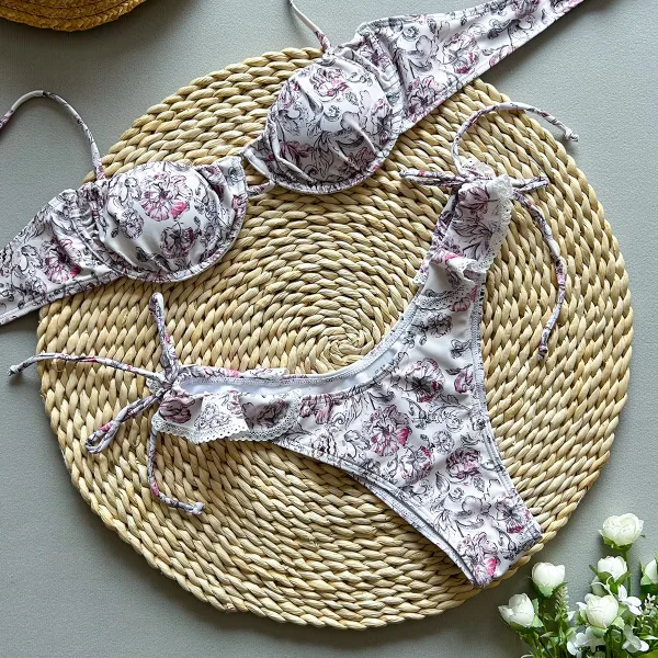 Floral Lace Trim Bikini Set