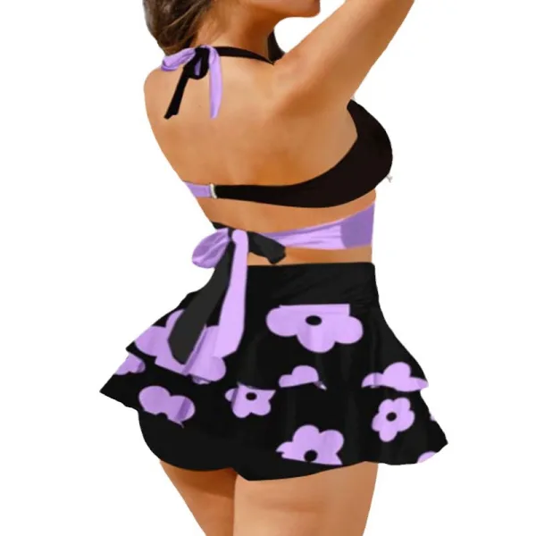 Lace-Up Colorblock Bikini Skirt Set