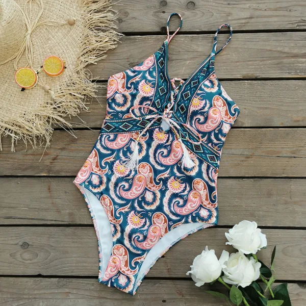 Cashew Print Deep V-Neck One-Piece Swimsuit