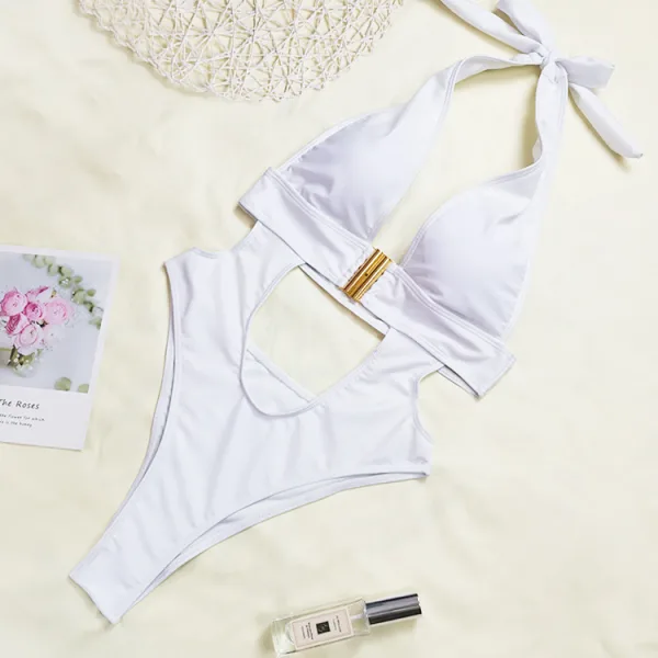 Deep V-Neck Buckle One-Piece Swimsuit