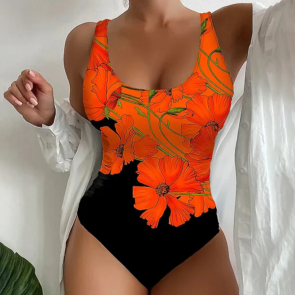 Floral Print Backless One-Piece Swimsuit