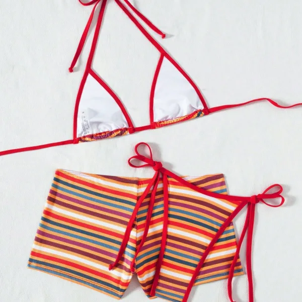 Striped Hollow-Out Three-Piece Bikini Set