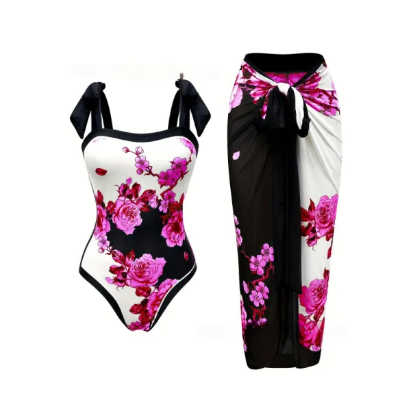 Retro Aesthetic One-Piece Swimsuit with Coordinating Skirt