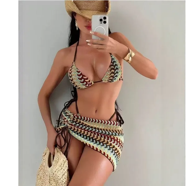 Striped Wave Drawstring Bikini Set