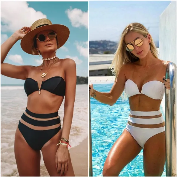 V-Neck Mesh Detail Bikini Set