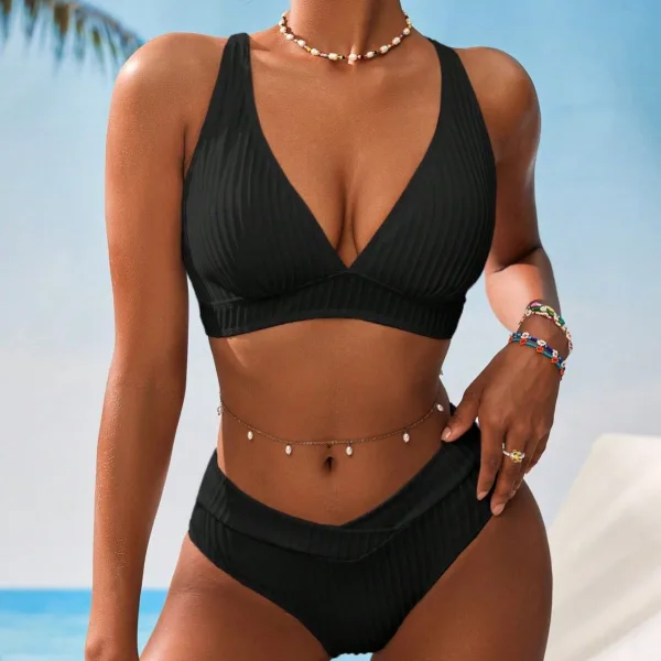 V-Neck Ribbed Bikini Set with Adjustable Straps