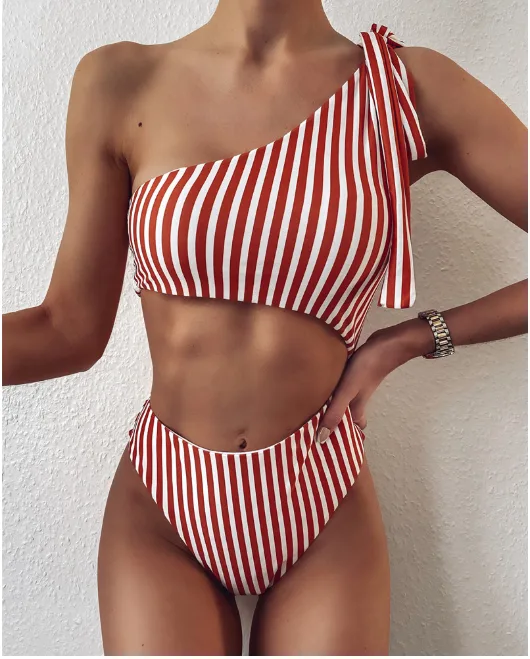 Striped One-Shoulder Cut-Out One-Piece Swimsuit