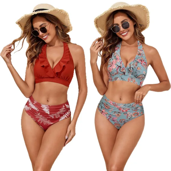 Halter High-Waist Pleated Bikini Set